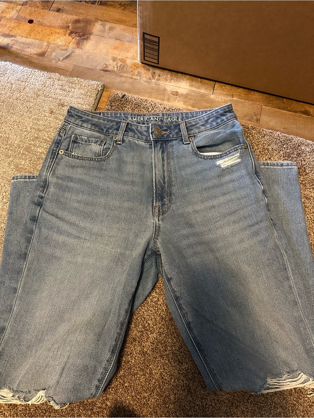 American Eagle Outfitters  Blue Mom Jeans with Distressed Hem